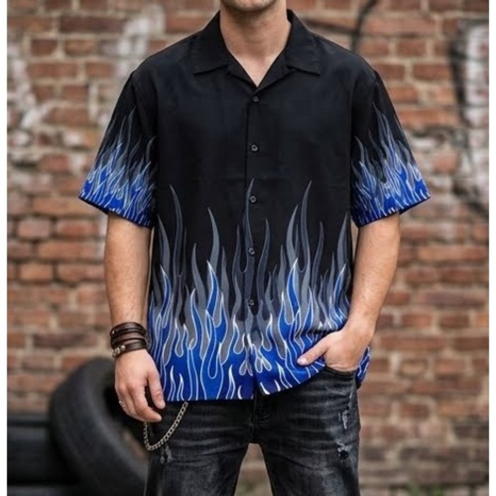 VTG Sapphire Lounge Y2K Blue Flame Short Sleeve Button Down Camp Shirt Men's L